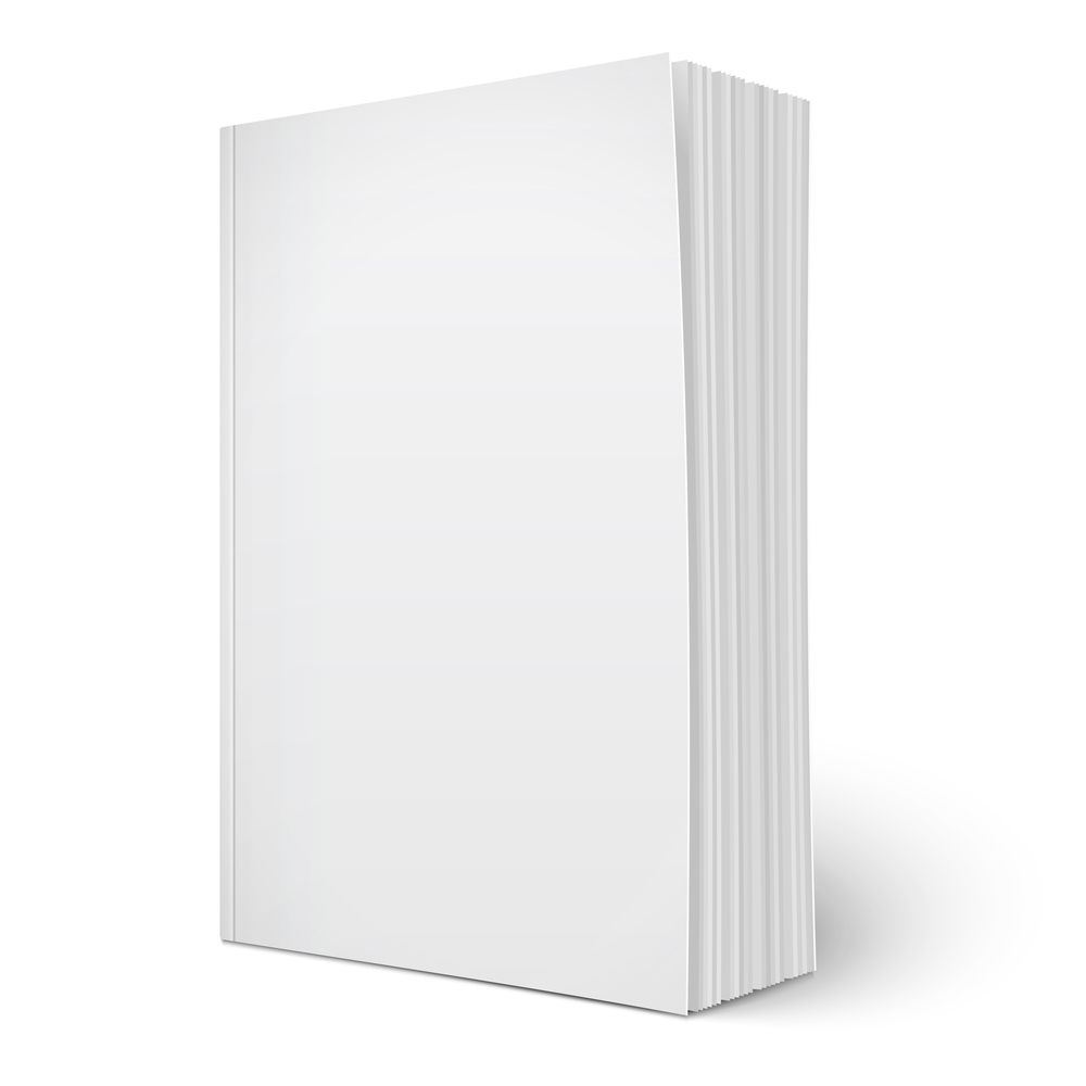 Blank vertical softcover book template with spreading pages standing on white surface  Perspective view. Vector illustration.